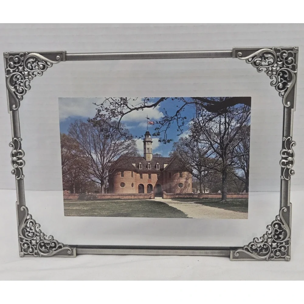 Vtg Pewter Floating Picture Frame 6x8 Glass Ornate Filigree Corner Scroll 2 Side
